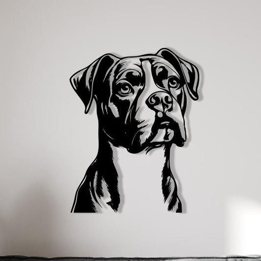 Boxer Dog Metal Art shown on a living room wall