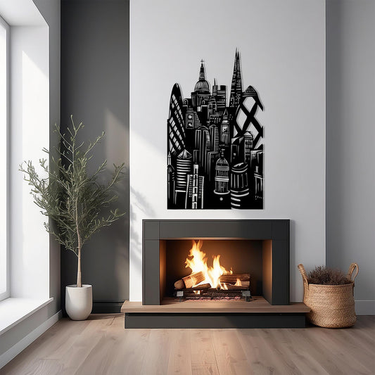 London Skyline Metal Wall Art shown on a living room wall
