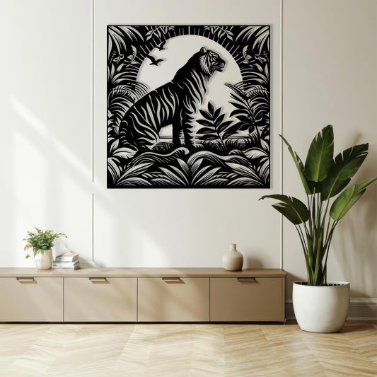 Tiger Metal Wall Art shown on a living room wall
