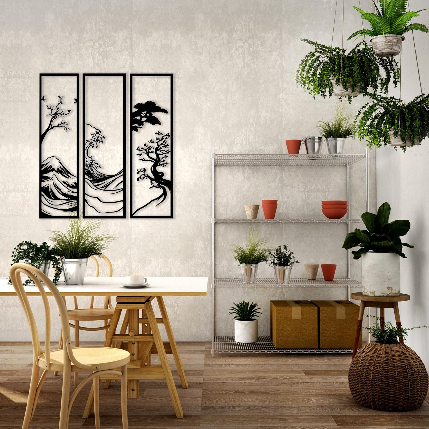 Japanese Metal Wall Art Set, Wave & Mount Fuji Decor, 3 Piece Japandi Sign | Wallsignature