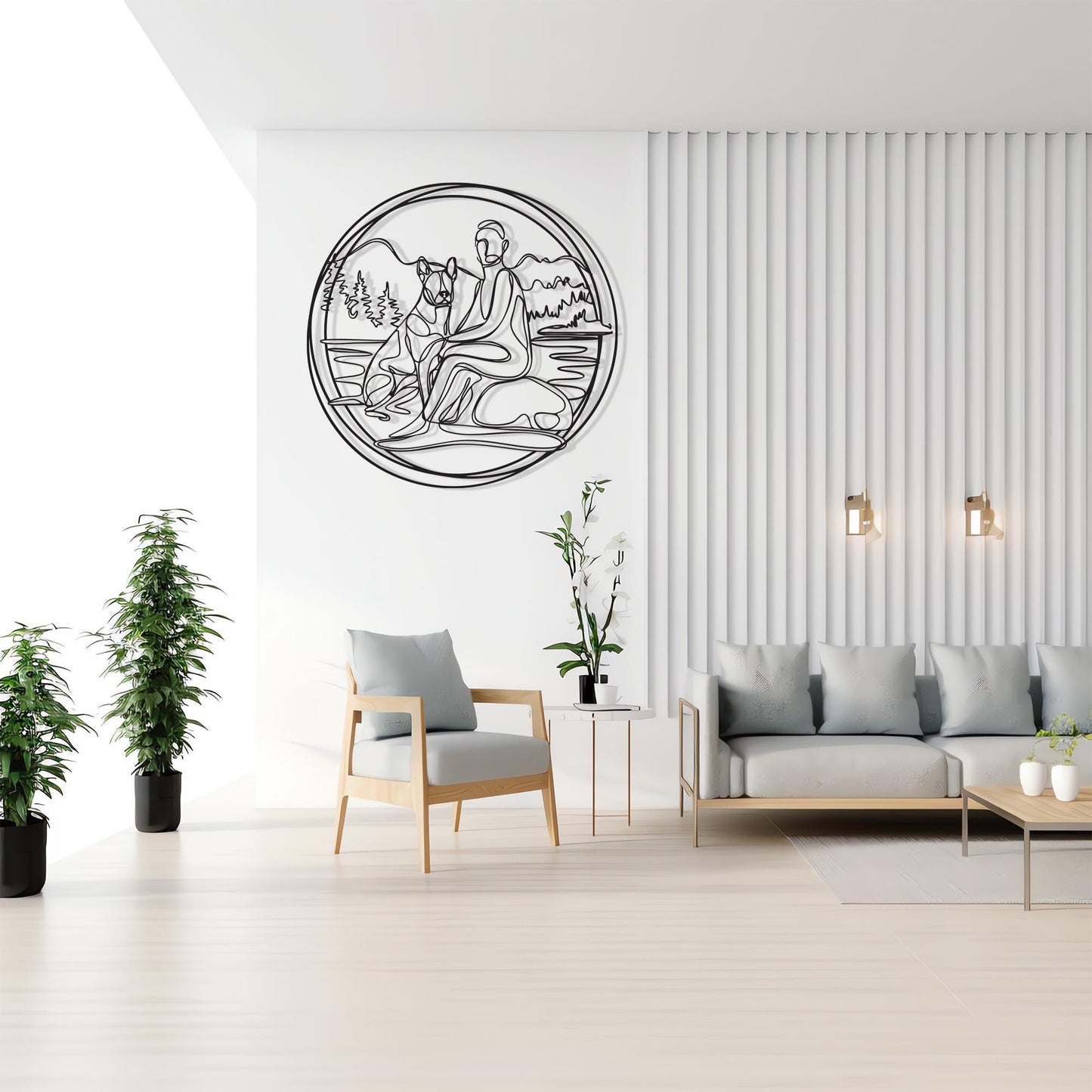 Minimalist Dog and Owner Metal Wall Art bedroom interior styling
