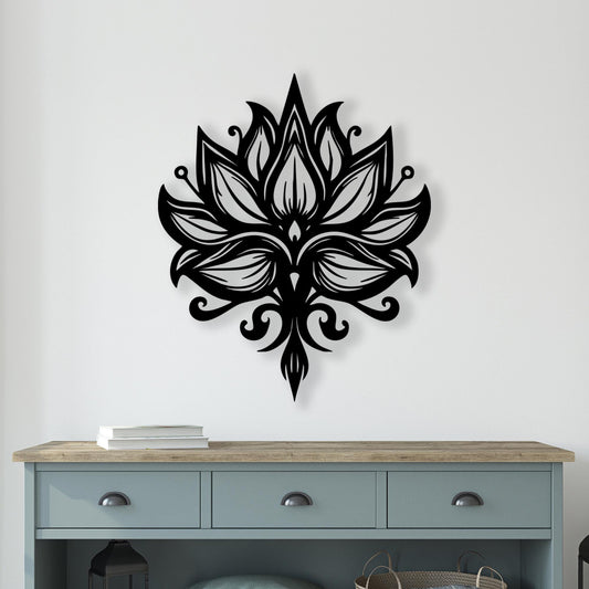 Lotus Flower Metal Wall Art shown on a living room wall