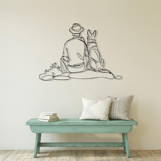 Man Dog Metal Wall Art shown on a living room wall