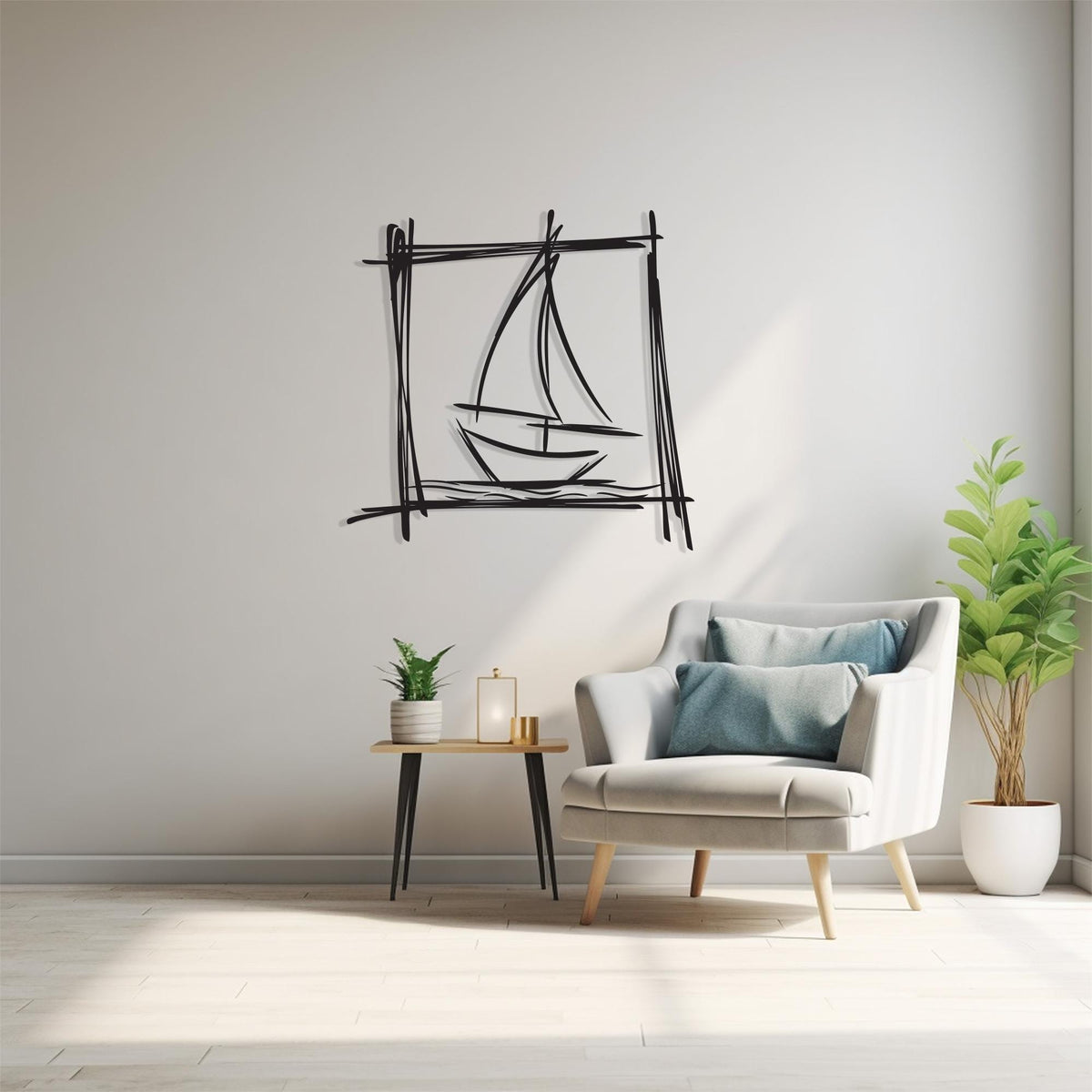 Minimalist Sailboat Metal Wall Art bedroom interior styling