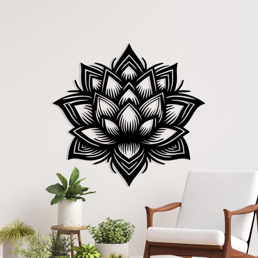 Lotus Flower Metal Wall Art shown on a living room wall