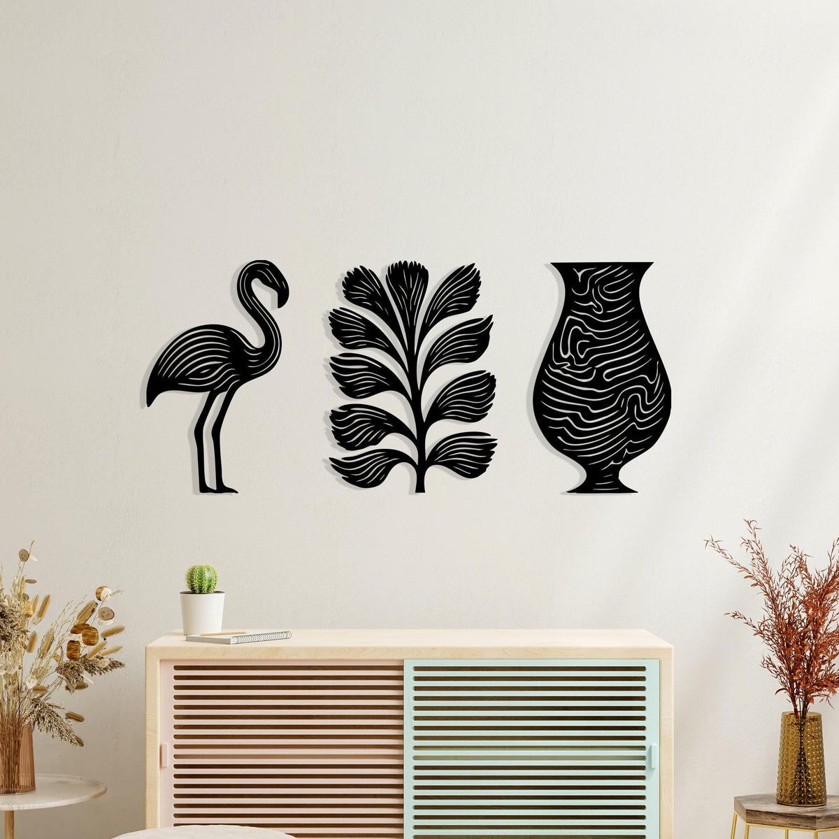 3 Piece Flamingo Tropical Leaf Vase Metal Wall Art bedroom interior styling