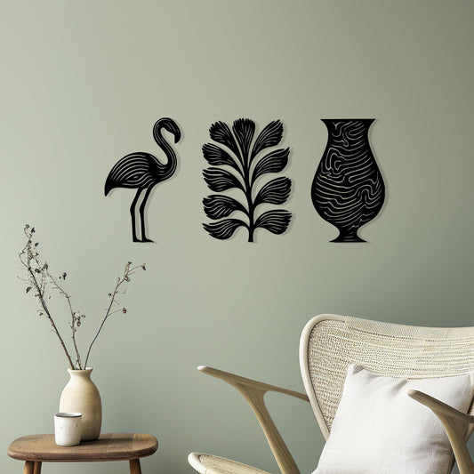 3 Piece Flamingo Tropical Leaf Vase Metal Wall Art, Line Decor | Wallsignature