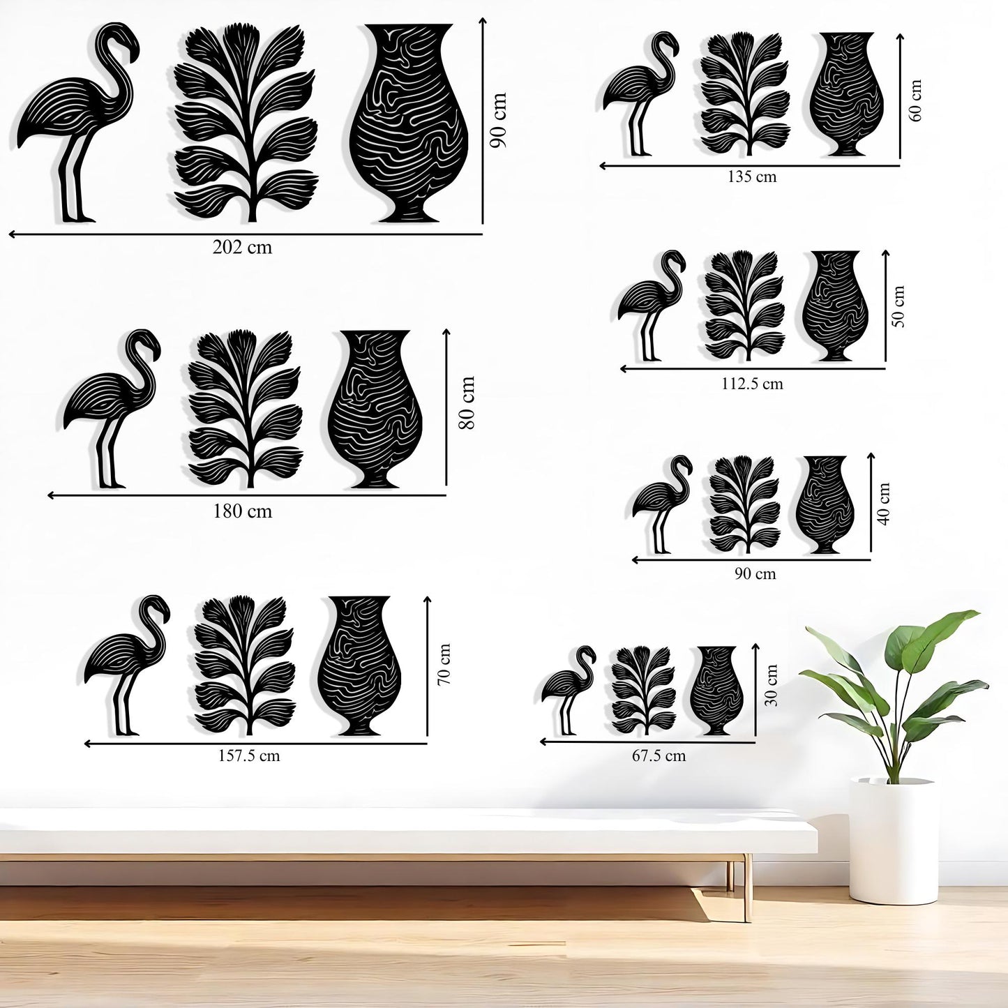 3 Piece Flamingo Tropical Leaf Vase Metal Wall Art, Line Decor | Wallsignature