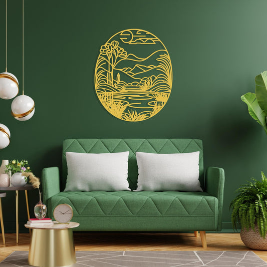 Mountain Lake Metal Wall Art shown on a living room wall