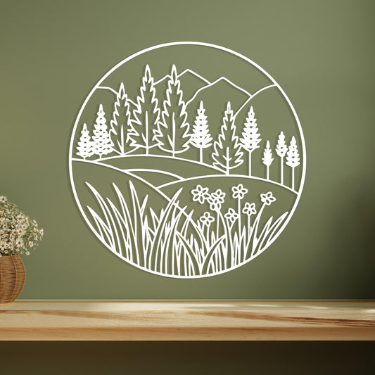 Mountain Forest Metal Wall Art shown on a living room wall
