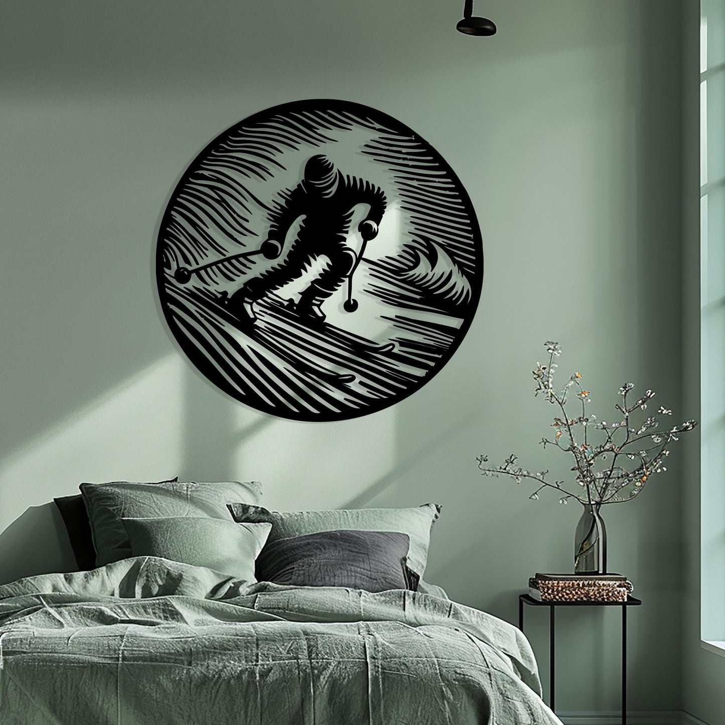 Ski Wall Art, Black Metal Skier Silhouette, Lodge Decor | Wallsignature