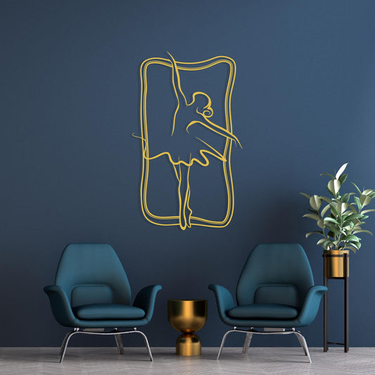 Metal Ballerina Wall Art shown on a living room wall