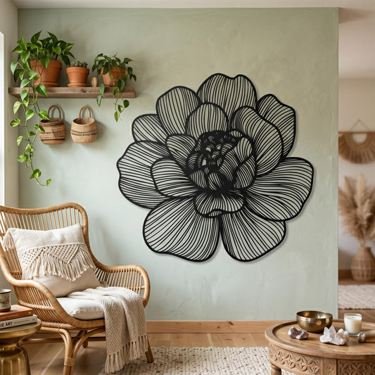 Metal Flower Wall Art shown on a living room wall