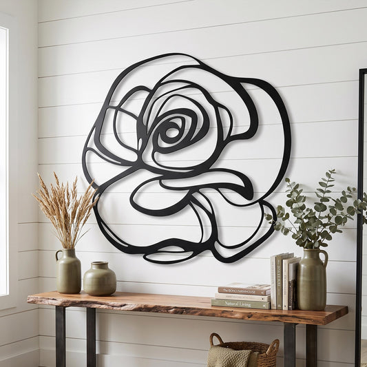 Abstract Rose Metal Wall Art styled on a living room wall