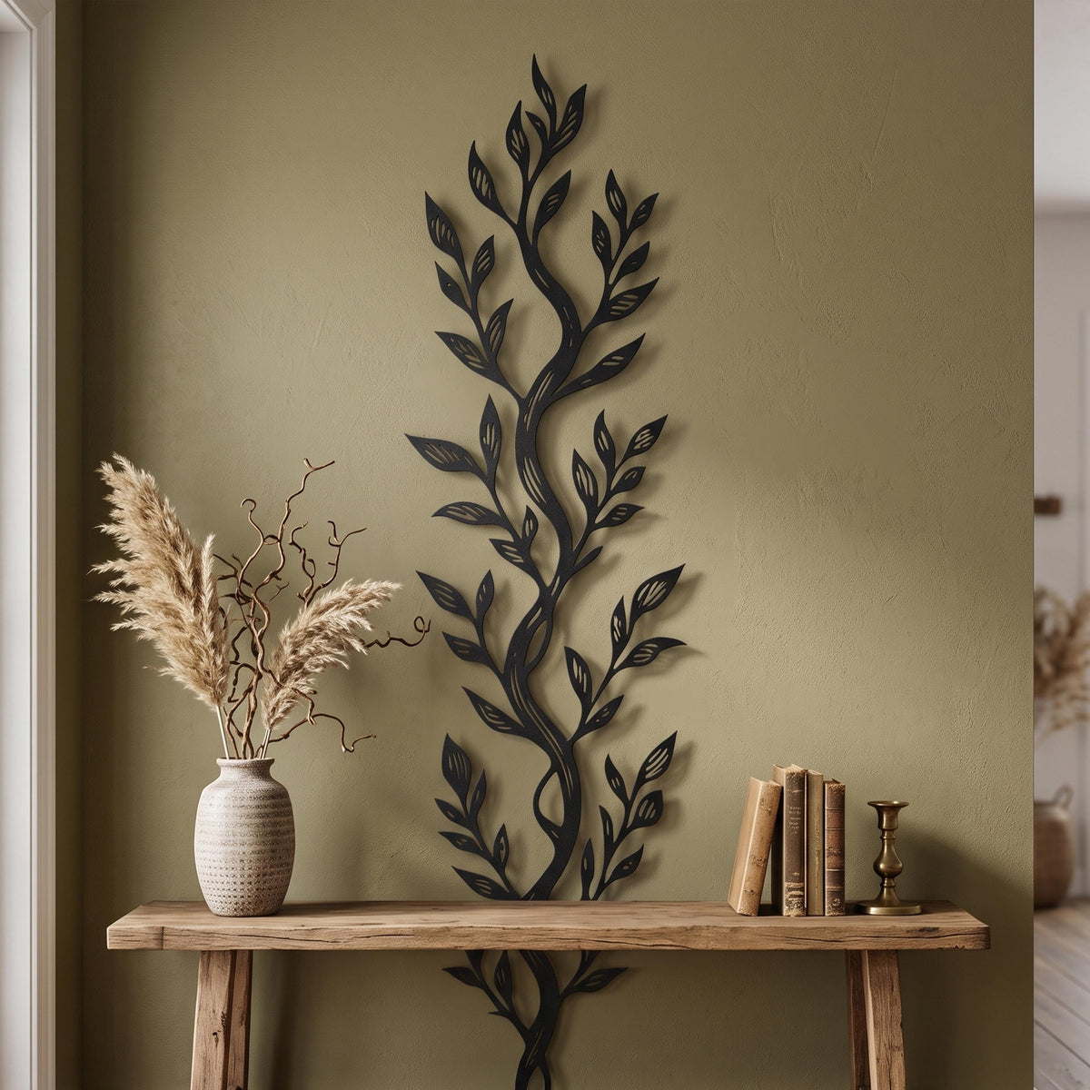 Vertical Leaf Metal Wall Art hanging bracket and mounting detail
