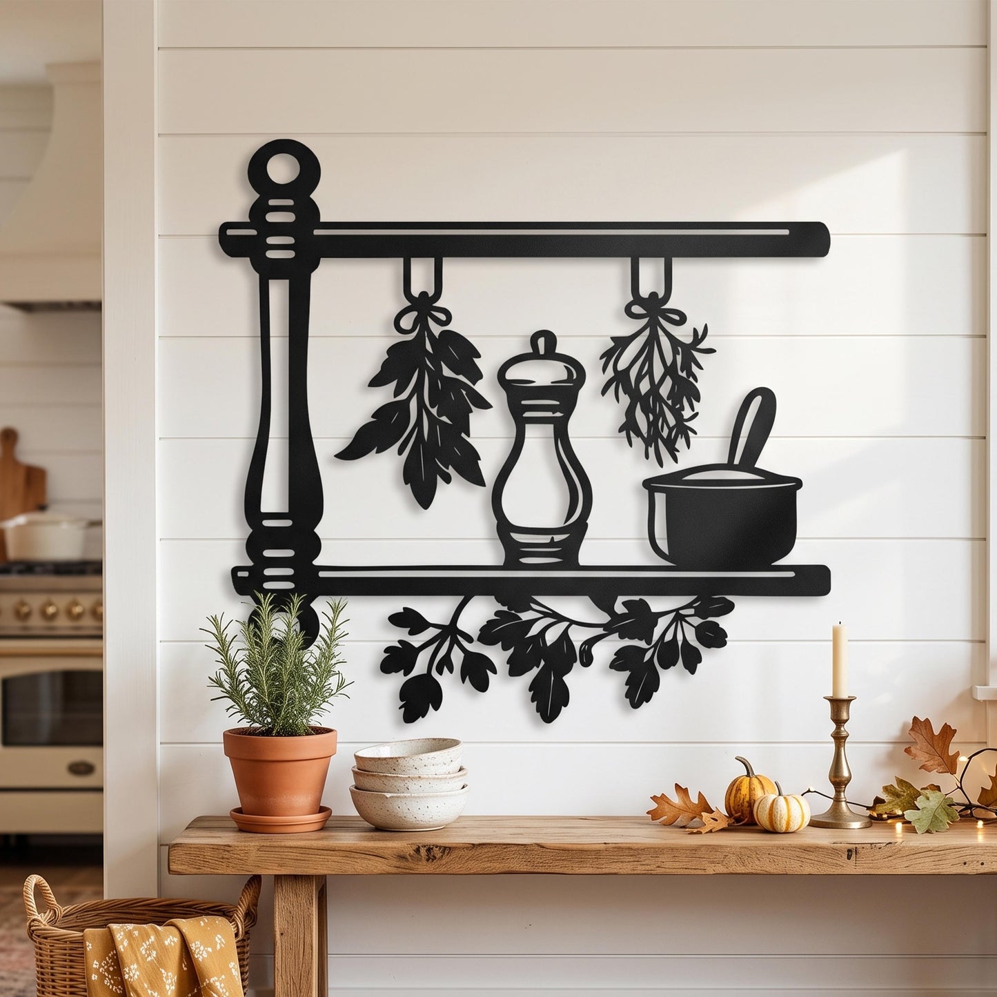 Kitchen Herbs Metal Wall Art in a modern hallway
