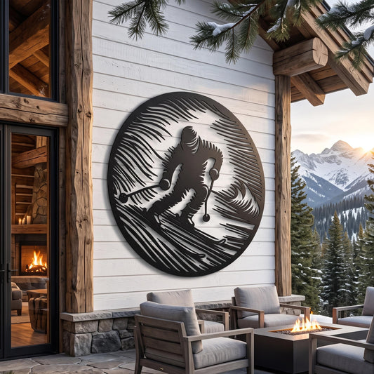 Round Skier Metal Wall Art shown on a living room wall