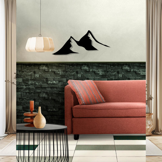 Minimalist Black Metal Mountain Wall Art shown on a living room wall