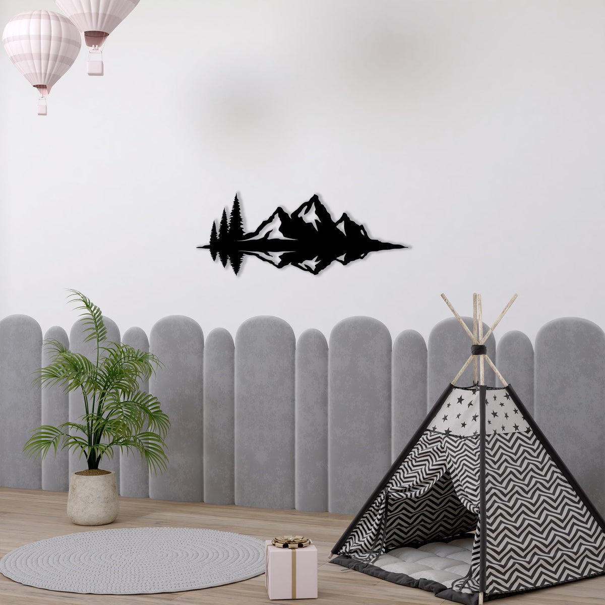 Mountain Lake Black Metal Wall Art in a modern hallway