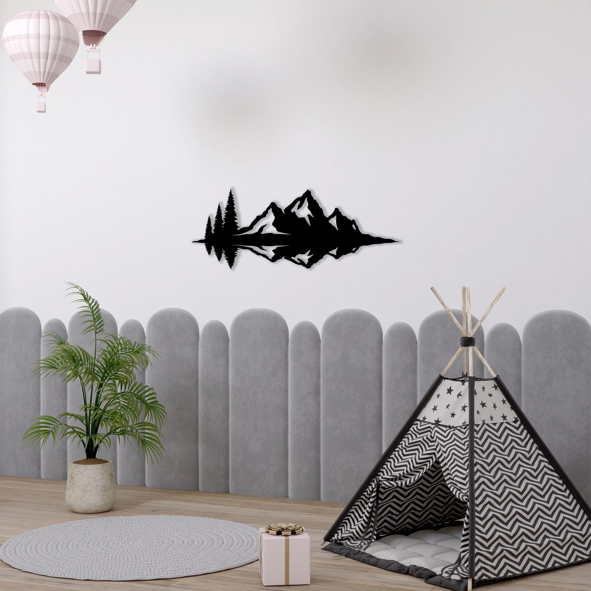 Mountain Lake Black Metal Wall Art in a modern hallway