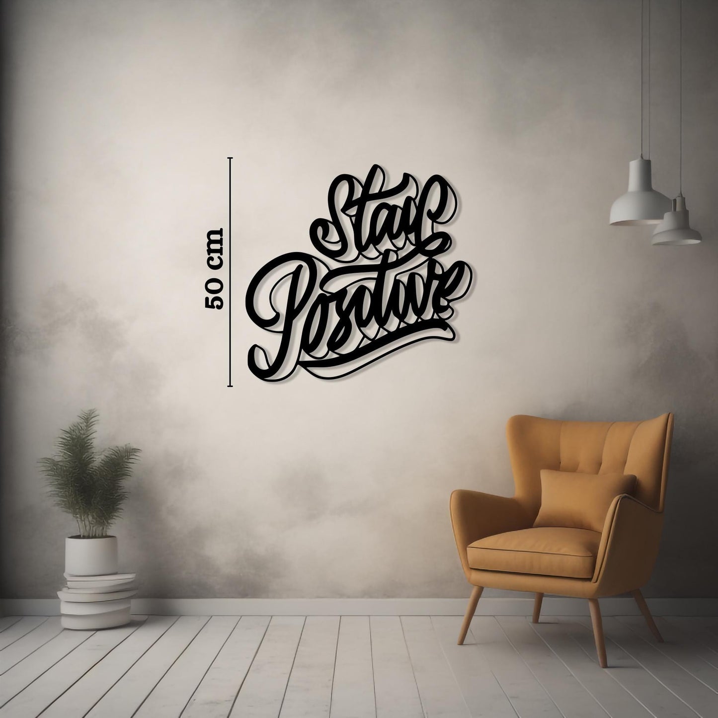 Stay Positive Metal Wall Art styled above a sofa