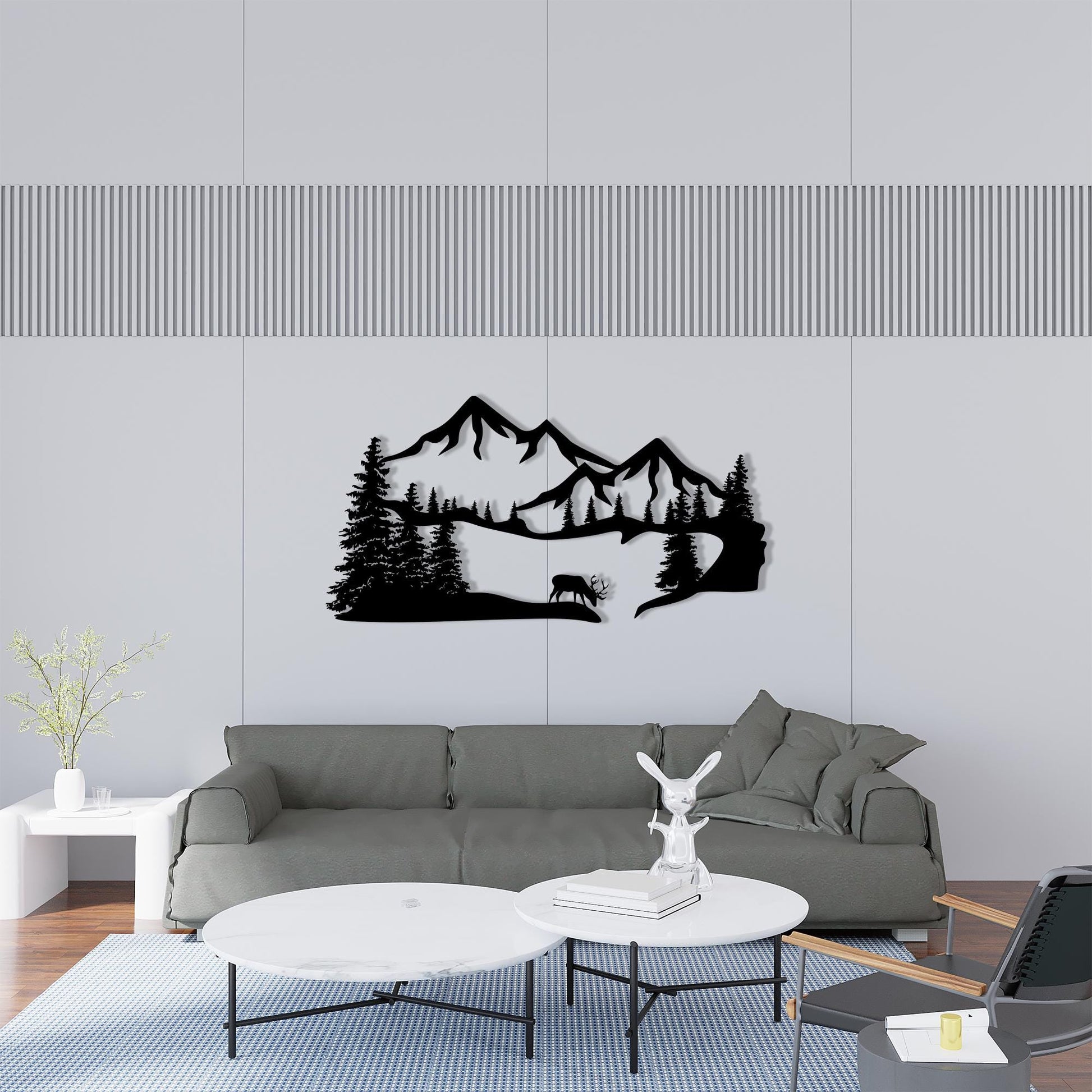 Metal Mountain Wall Art, Deer Forest Scene, Nature Cabin Decor, Large Pine Tree Gift | Wallsignature