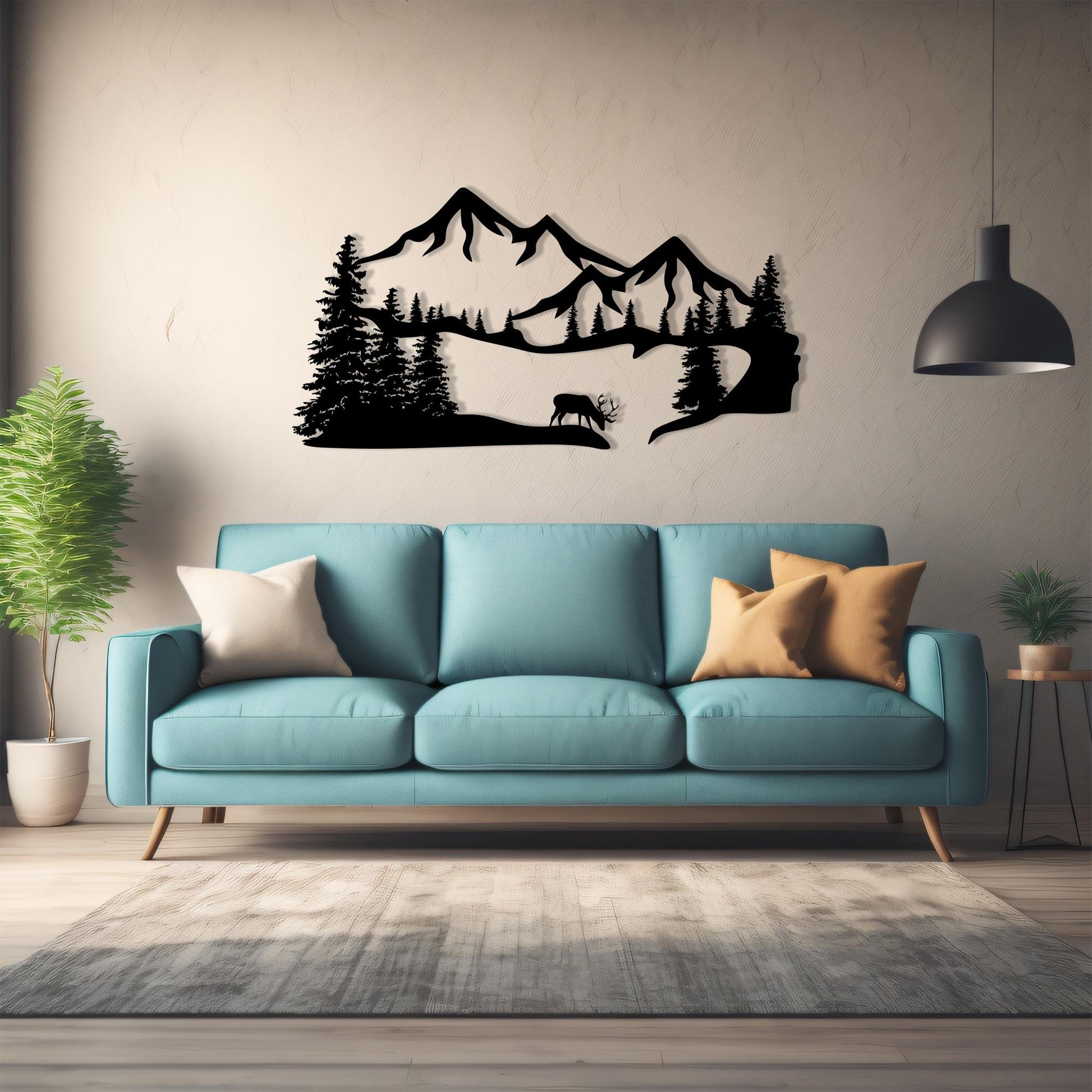 Metal Mountain Wall Art shown on a living room wall