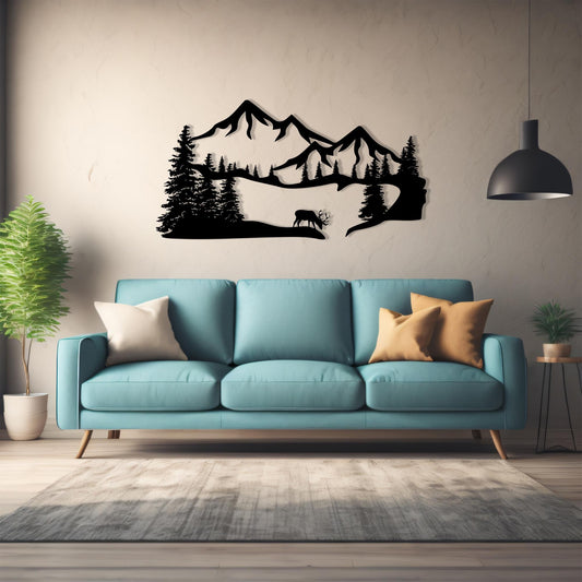 Metal Mountain Wall Art shown on a living room wall