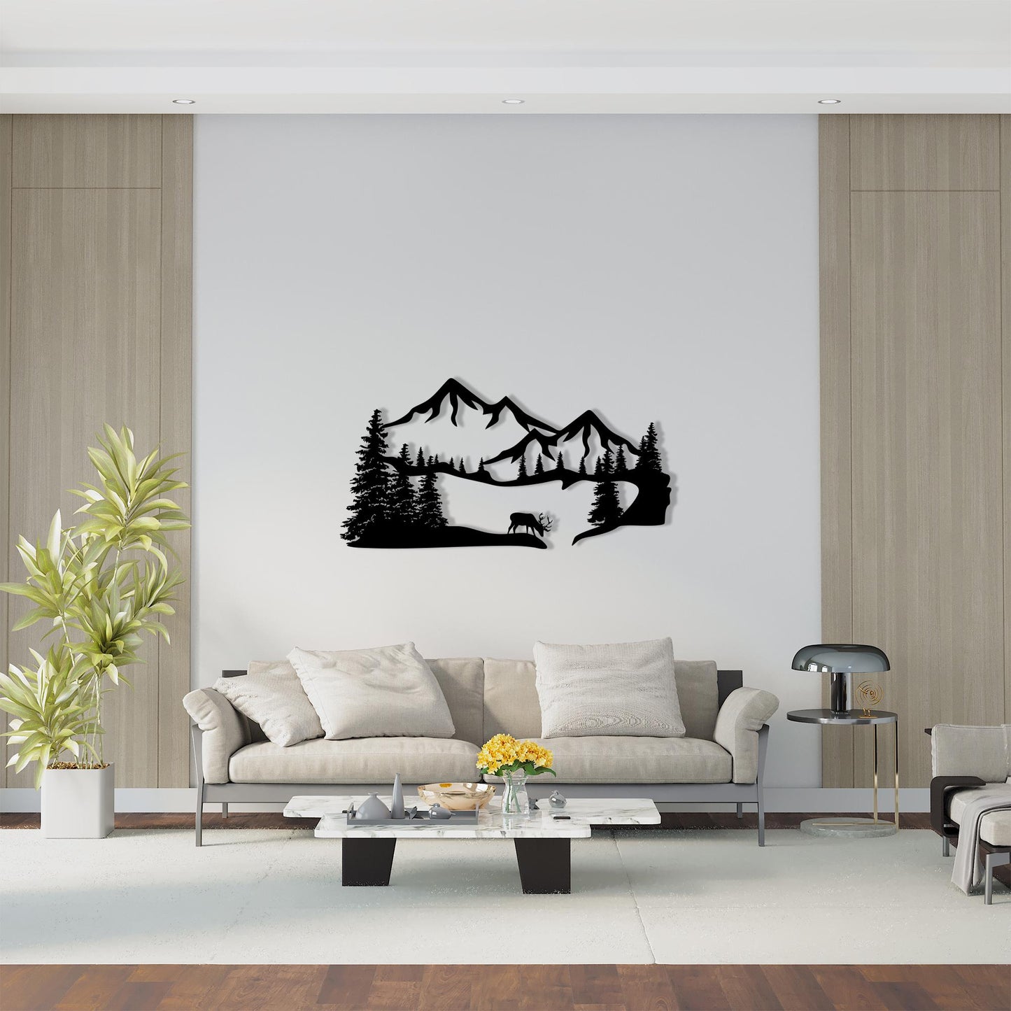 Metal Mountain Wall Art size guide with dimensions in cm and inches