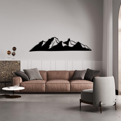 Black Metal Mountain Wall Art size guide with dimensions in cm and inches