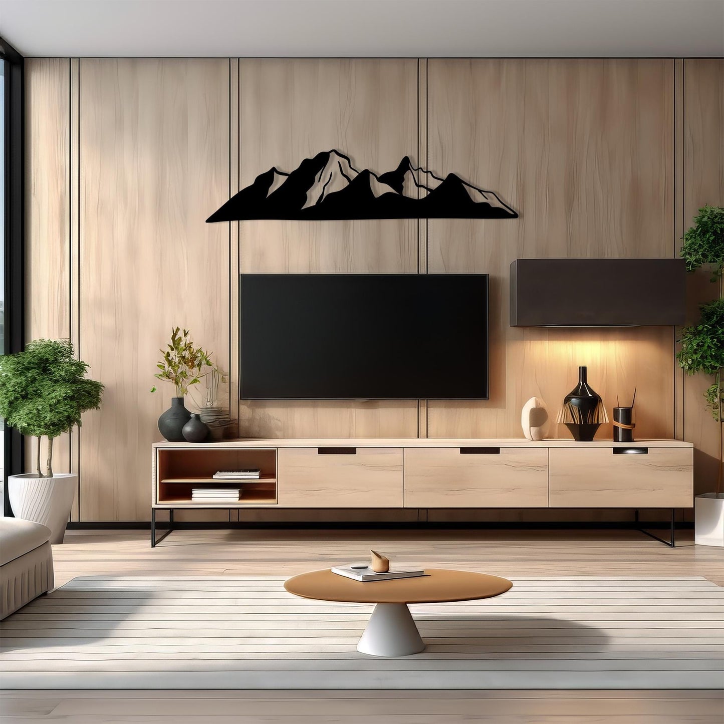Black Metal Mountain Wall Art in a modern hallway