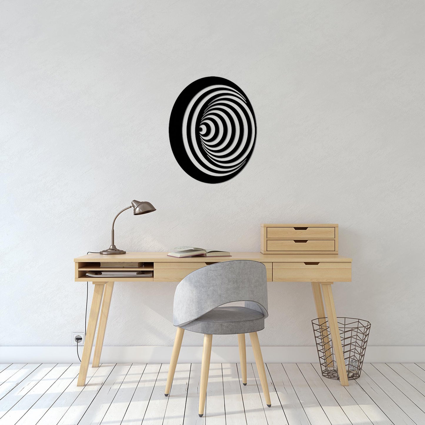 Optical Illusion Metal Wall Art in a modern hallway