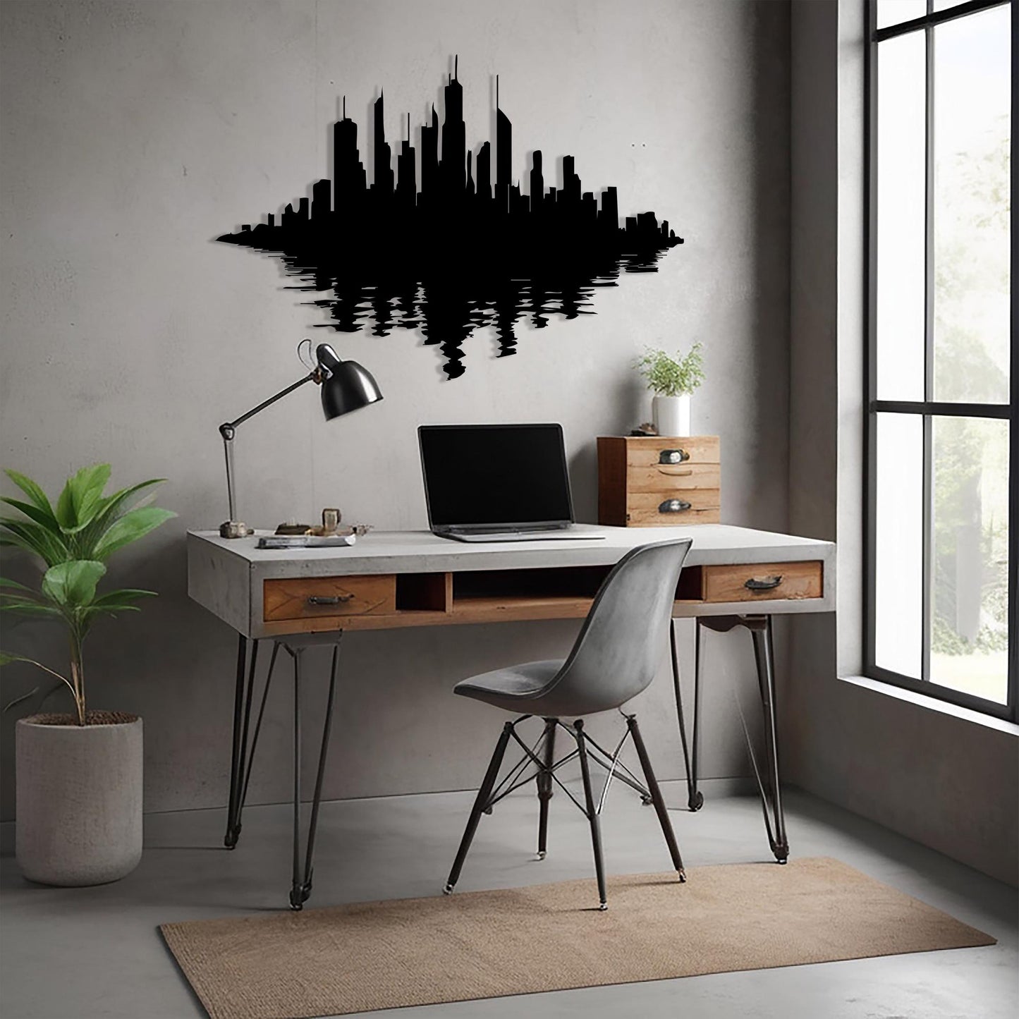 Modern City Skyline Metal Wall Art styled above a sofa