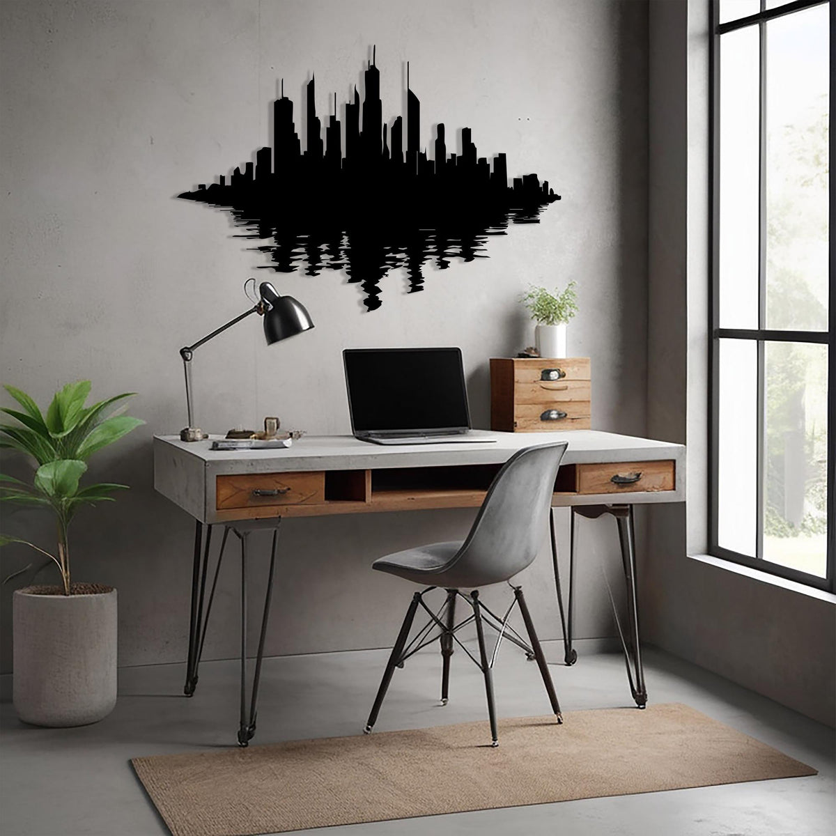 Modern City Skyline Metal Wall Art styled above a sofa
