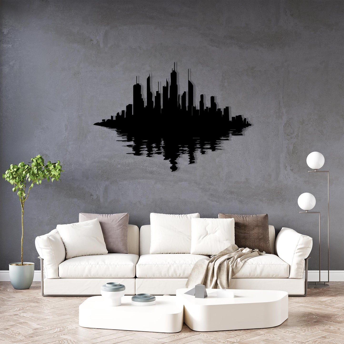 Modern City Skyline Metal Wall Art size guide with dimensions in cm and inches