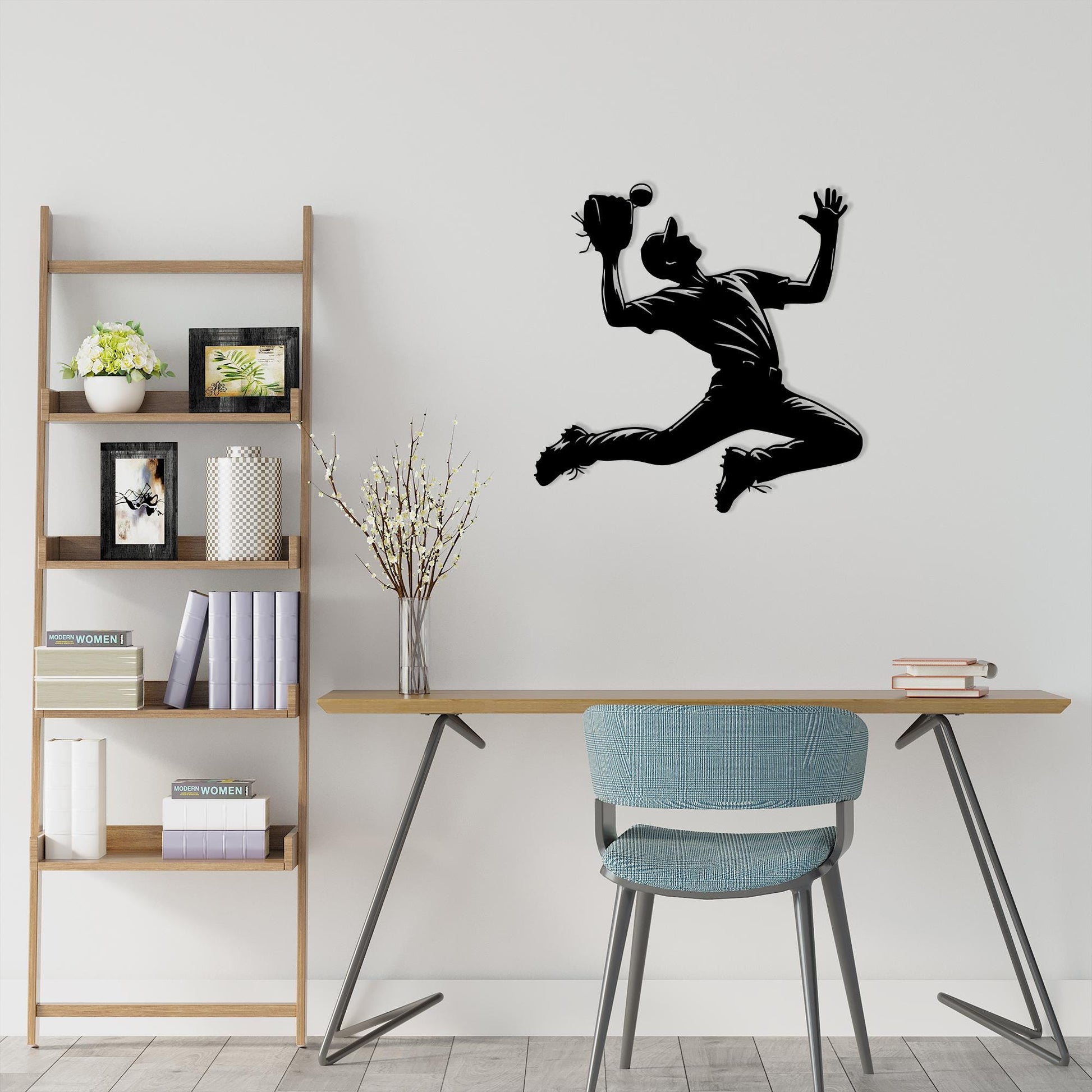 Baseball Player Metal Wall Art size guide with dimensions in cm and inches