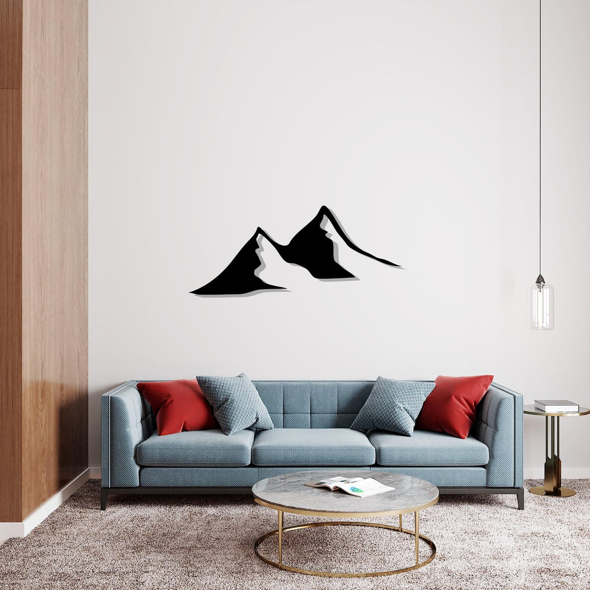 Minimalist Black Metal Mountain Wall Art in a modern hallway