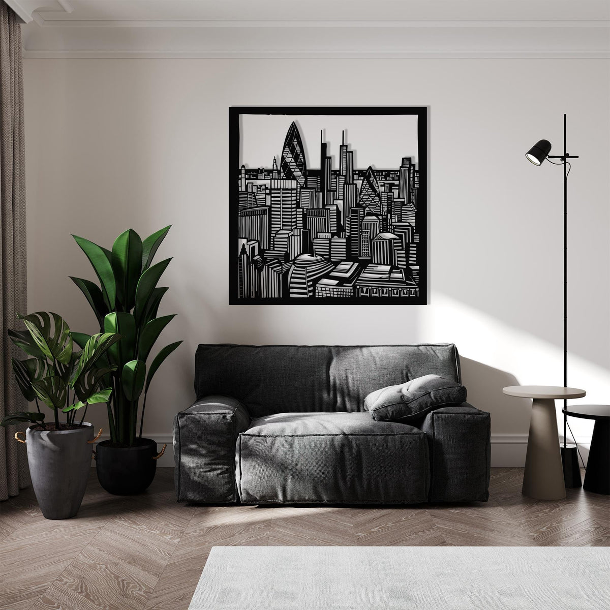 London Cityscape Metal Wall Art shown on a living room wall