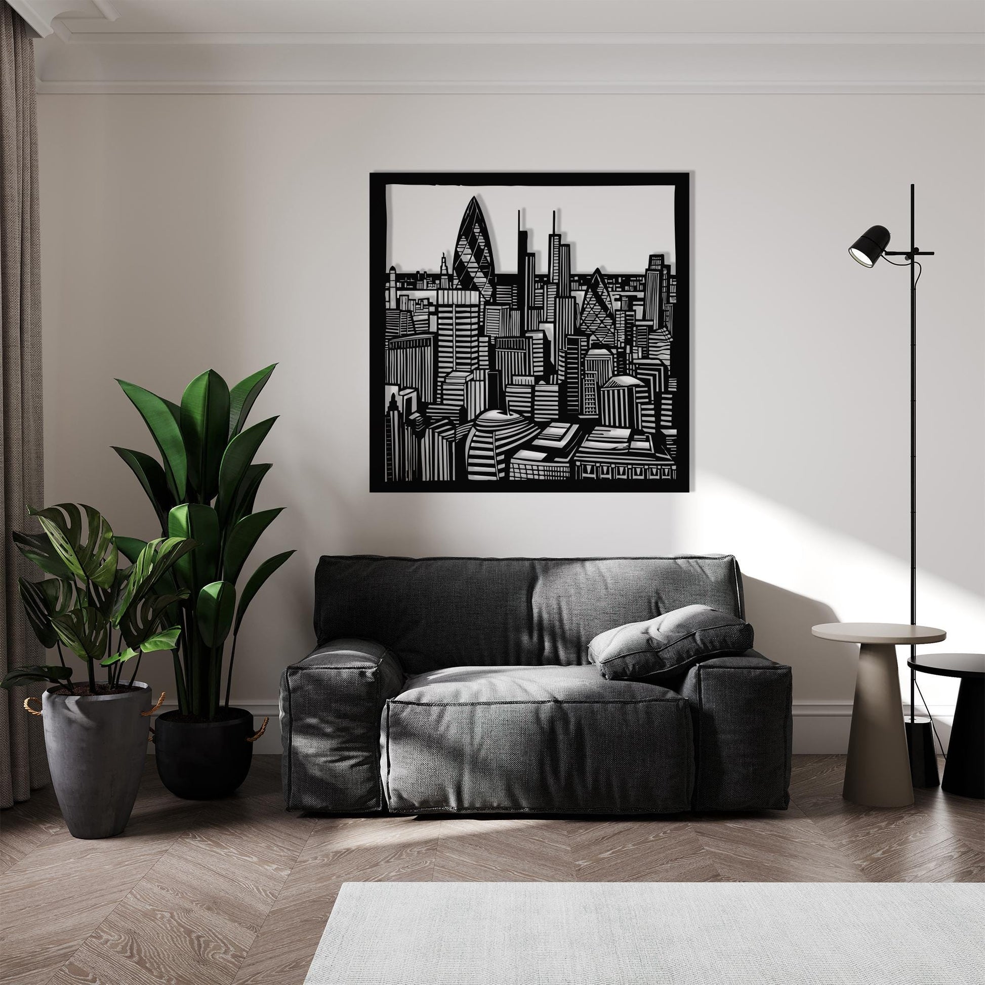 London Cityscape Metal Wall Art shown on a living room wall
