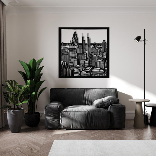 London Cityscape Metal Wall Art shown on a living room wall