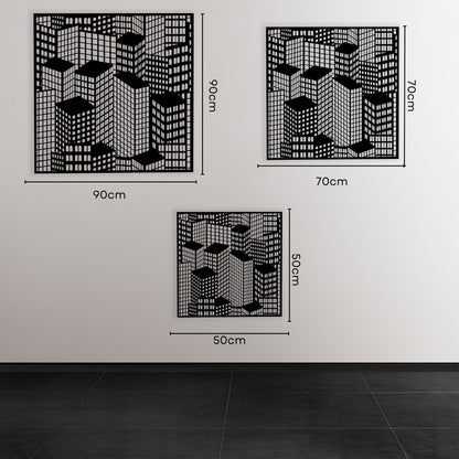 Geometric Skyscraper Metal Wall Art styled above a sofa
