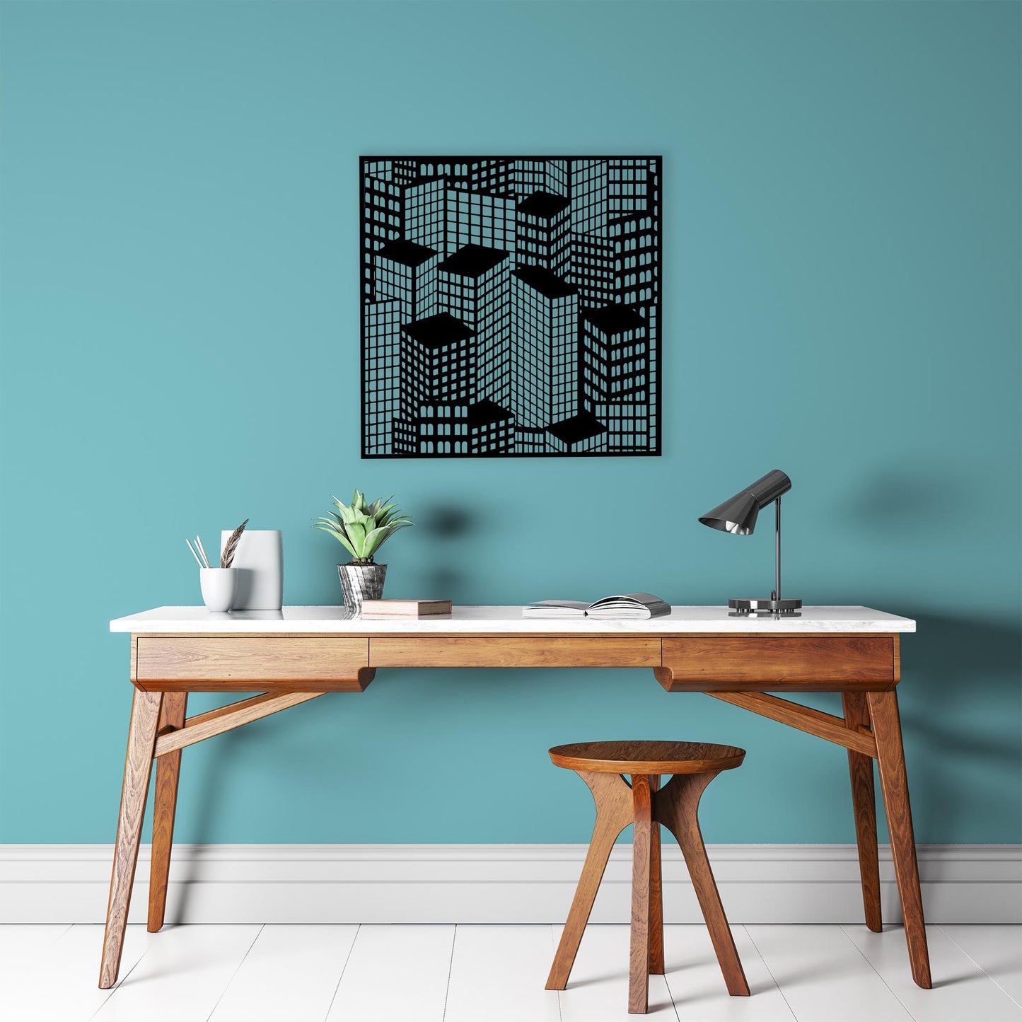 Geometric Skyscraper Metal Wall Art, Modern Cityscape Decor