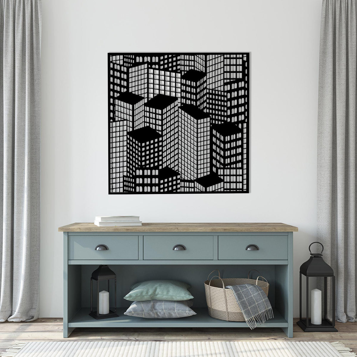 Geometric Skyscraper Metal Wall Art shown on a living room wall