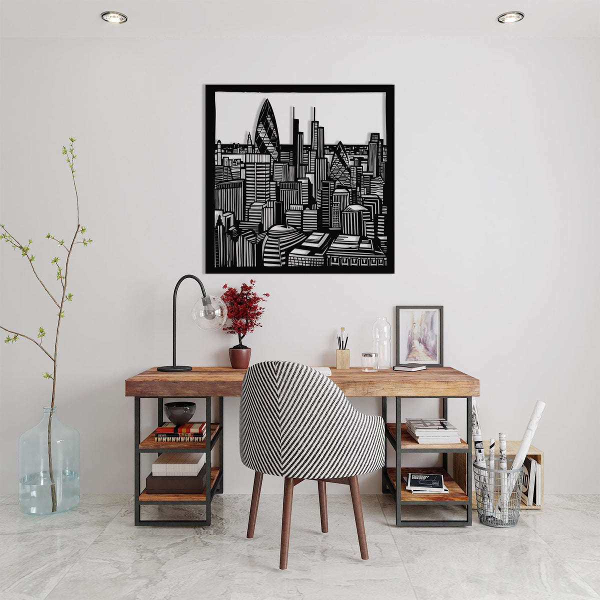 Geometric Skyscraper Metal Wall Art hanging hardware and mounting detail