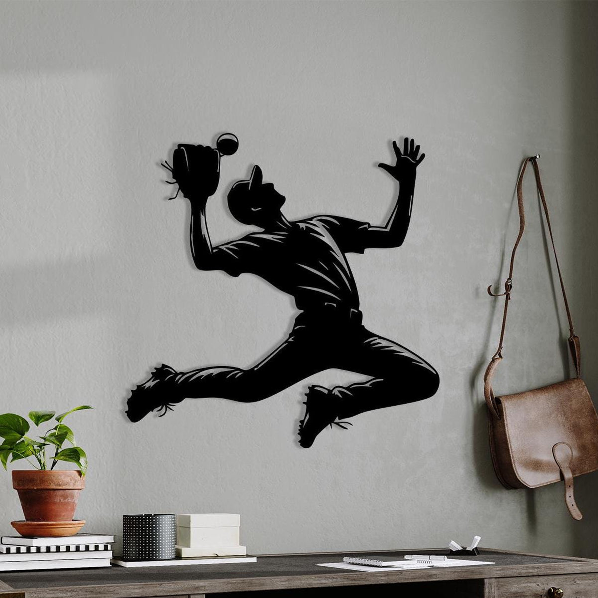 Baseball Player Metal Wall Art shown on a living room wall