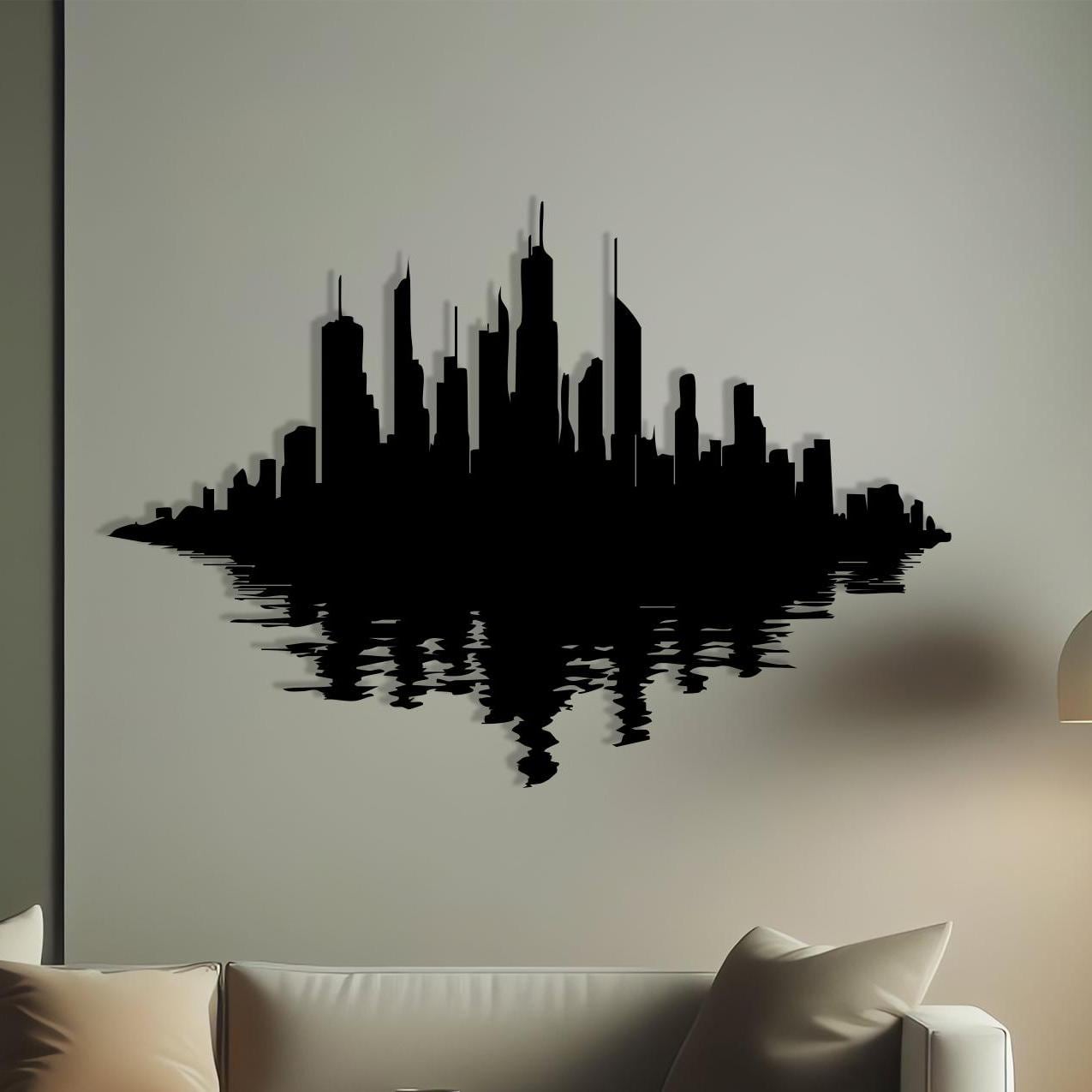 Modern City Skyline Metal Wall Art shown on a living room wall