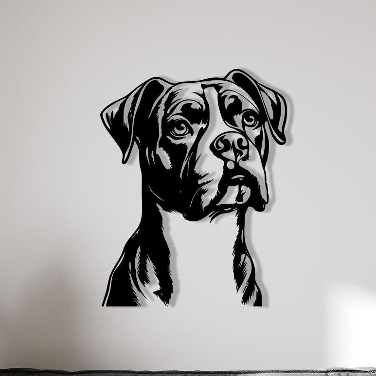 Boxer Dog Metal Art shown on a living room wall