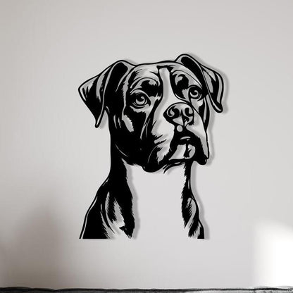 Boxer Dog Metal Art shown on a living room wall
