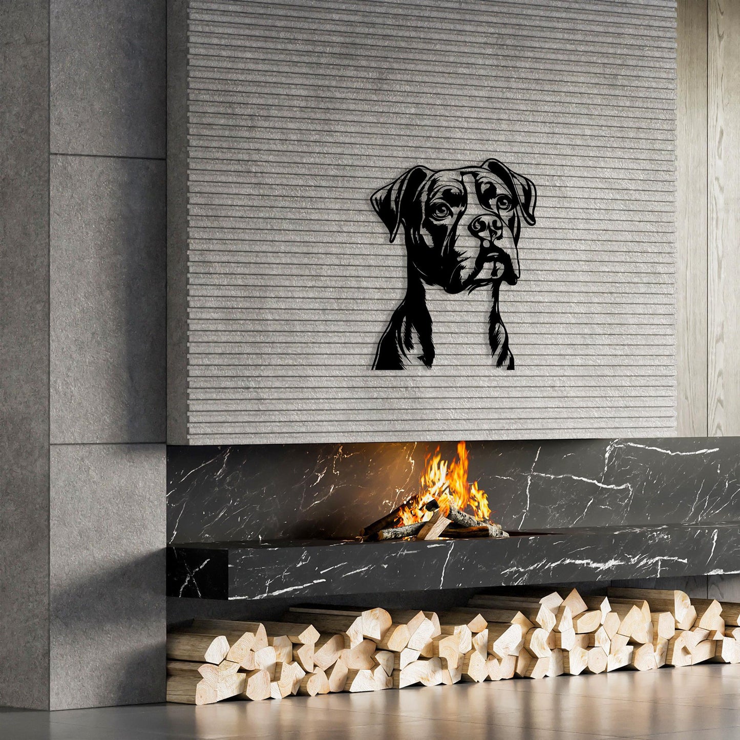 Boxer Dog Metal Art size guide with dimensions in cm and inches