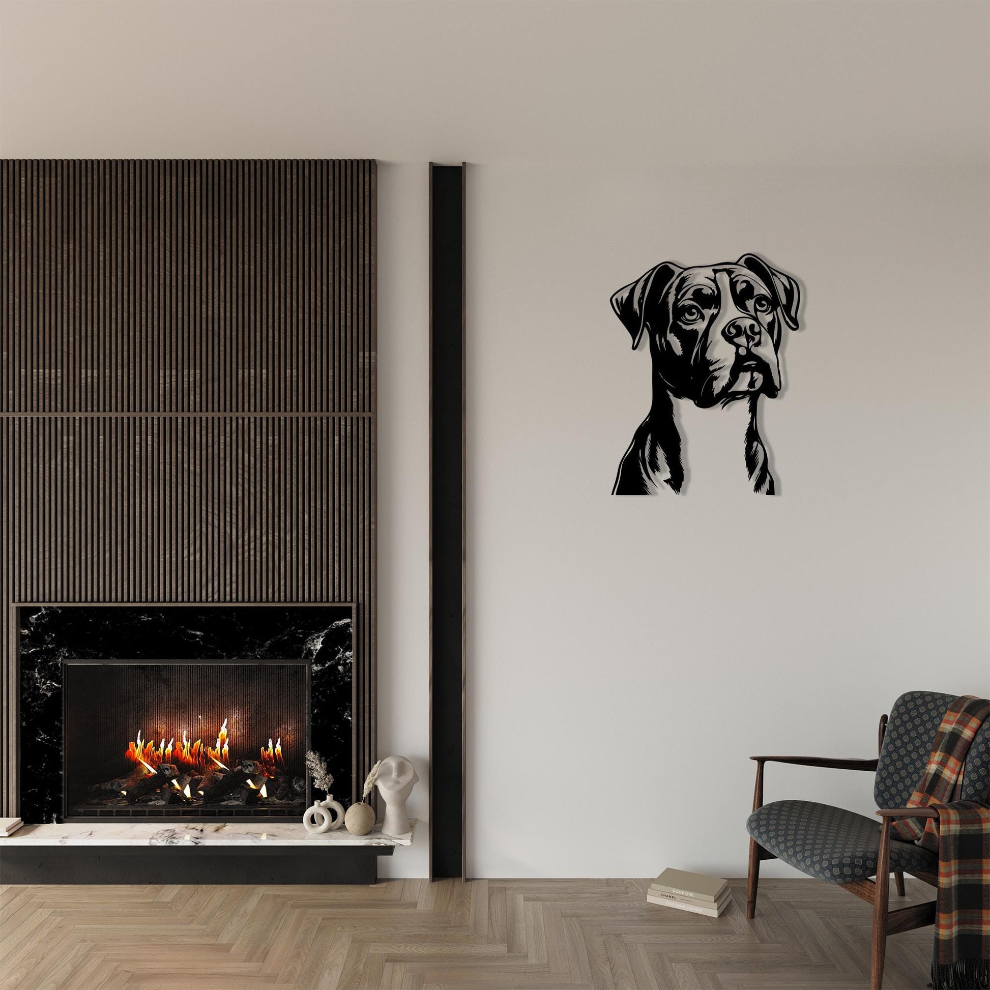 Boxer Dog Metal Art styled above a sofa